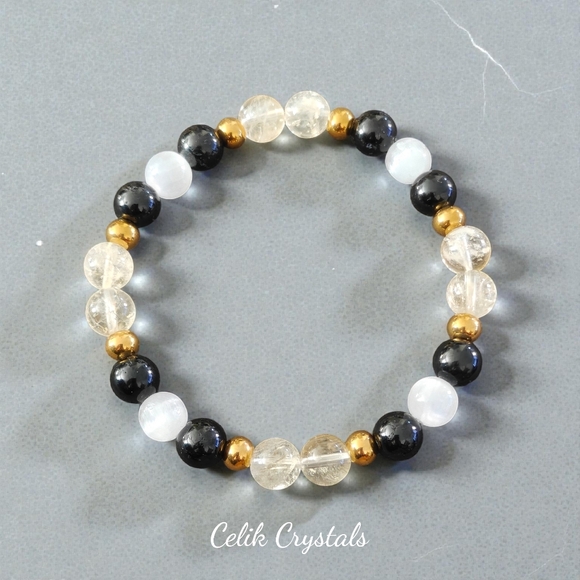Jewelry - Citrine, Black Tourmaline, Selenite Bracelet Natural Stones 8mm Unisex